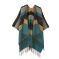 Damen Vintage ethnischer Stil gestreifter Poncho Cape mit Quasten, schicke boho Oberbekleidung. - Elefantenmuster Robe / Blaugrün
