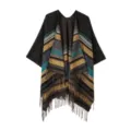 Ethischer Stil Damen Winter dicker Strick Poncho Cape Detailansicht mit Fransen gemustert. - Schwarzer Schal mit kleinem Gittermuster und Quasten