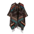 Ethenischer Retro Strick Poncho Schal Umhang mit Fransen, geometrisches Design Cape. - Buntes Dreieck Kaffee