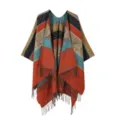 Damen Boheme Retro ethnische Fransen Cape Schal Colorblock Poncho Mantel Reise Oberbekleidung - Elefant Orangerot