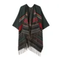 Ethischer Damen Vintage geometrischer Druck verdickter Poncho Umhang Schal Herbst Winter. - Kleines Rautenmuster Robe / Dunkelgrün