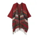 Roter ethnischer geometrischer Strick Fransen Poncho Umhang Damen Herbst Winter warme Schal - Roter Schal mit kleinem Gittermuster und Quasten