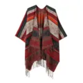 Damen ethno Strick Poncho Vintage Umhang Fransen Schal böhmisch Oberbekleidung stylisch - Morgenmantel / Zweifarbig Quaste / Weinrot (Bunt)