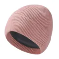 Einfarbige Strickmütze für Herbst und Winter, warme Beanie mit schwarzem Futter für Outdoor. - Rosa
