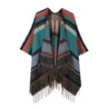 Ethischer Strick Fransen Poncho Schal, vintage bunter geometrischer Umhang für Damen. - Bunter Schal Pfauenblau