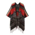 Damen ethnisch Retro gewebter Fransen Schal Cape Farbblock Strick Poncho Oberbekleidung - Bunter Schal Hellrot