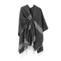 Damen Schwarz Weiß Gestreift Poncho Schal Strick Umhang Fransen Gebunden Cardigan - Morgenmantel / Schwarz