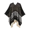 Ethischer Strick Poncho mit Fransen, warme V-Ausschnitt Tribal Muster Winter Umhang fuer Reisen. - Ethnischer Pullover Quasten Poncho / Schwarz und Grau