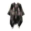 Dames Herfst Winter Warm Ruitjes Cape Mode Franje Sjaal Poncho Casual Bovenkleding - Zwart Khaki