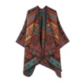 Ethnic style women poncho shawl cape, cozy knitted winter outerwear with geometric pattern. - Orange and Black