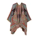 Ethnic style women poncho cape vintage geometric print winter warm outer wear casual clothing - Light Blue
