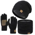 Winter warmer Strickmütze, Schal und Touchscreen Handschuhe 3-Teiliges Set mit Futter. - Quadratischer Leder-Patch Dreiteiliges Set / Schwarz