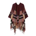 Stylish women plaid cape winter warm fringed shawl classic tartan fashion comfortable poncho outfit - Burgundy
