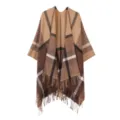 Women stylish plaid leopard poncho warm winter tassel shawl fashion cape fringe elegant wrap - Dark Brown