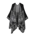 Jacquard knit cape detail, black grey vintage shawl pattern, open front thermal wrap. - Roselle Floral Shawl - Black & Grey