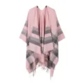 2025 New Women's Fashion Knit Shawl Cape Pink Grey Striped Tassel Warm Outerwear Detail - Tops / Pink