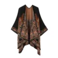 Detailed view of the women's ethnic jacquard poncho cape, cozy imitation cashmere texture. - Roselle Floral Shawl - Black & Brown