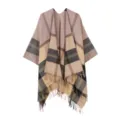 Women plaid fringe cape poncho stylish warm winter blanket shawl casual fashion outerwear - Khaki