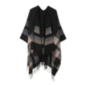 Women fashion warm plaid shawl cape poncho winter cozy fringe blanket wrap outerwear - Tops / Black