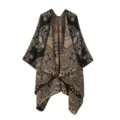 Mujer grueso jacquard tacto cachemira chal vintage etnico capa abierto frente poncho calido - Negro Caqui