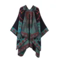 Detailed view of women geometric pattern knit shawl, soft winter autumn casual cape wraps. - Shawl / Navy Blue