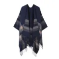 Navy blue plaid patterned women poncho cape with stylish glitter stripes and delicate fringe hem. - Tops / Navy Blue