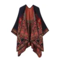 Women Ethnic Patterned Open Front Cape Shawl Winter Warm Imitation Cashmere Blanket Cloak - Roselle Floral Shawl - Navy