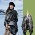 Retro landscape print shawl cape for women, stylish winter outdoor travel fashion clothing. - Jiangnan Scenery / Black and Gray