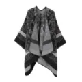 Etnischer Strick Jacquard Schal Umhang, gemütlicher warmer Poncho Winter Oberbekleidung. - Schwarz und Grau