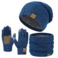 Winter warmes Strick dreiteiliges Set mit Mütze Touchscreen Handschuhen und Schal für Erwachsene - Quadratischer Leder-Patch Dreiteiliges Set / Marineblau