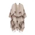 Women winter warm fringe poncho cape, beige brown stripe plaid shawl outerwear casual stylish - Tops / Off White