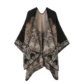 Women open front knitted cape shawl vintage bohemian paisley jacquard poncho wrap warm - Roselle Floral Shawl - Black & Khaki