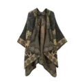 Close-up detail of the classic geometric color-block pattern women shawl cape knitwear fabric. - Shawl / Green
