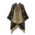 Women's stylish knitted open front poncho cape retro paisley double sided warm shawl cloak - Small Floral Shawl - Black & Khaki