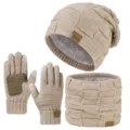 Winter warmer Strickmuetze Touchscreen Handschuhe und Schal 3er Set kaki gefuettert - Quadratischer Leder-Patch Dreiteiliges Set / Beige