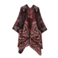 Mantón capa jacquard vintage para mujer, abrigo de punto abierto de cachemira sintética cálido. - Rojo