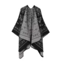 Black and grey knitted shawl poncho with geometric monogram print for winter warm wear - Small Floral Shawl - Black