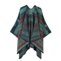 Bohemian women's knitted shawl cape, thickened ethnic pattern open front cardigan, detailed view. - Vintage Wreath - Lake Blue