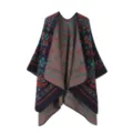 Women Double-Sided Knitted Shawl Cape Ethnic Print Warm Poncho Blanket for Winter - Navy Blue