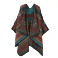 Detail view of the women's bohemian knit cape shawl, featuring geometric tribal patterns. - Vintage Wreath - Orange Yellow