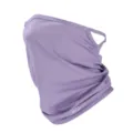 Detailansicht der atmungsaktiven, lila Eisseide Sonnenschutz-Gesichtsmaske mit Ohrschlaufen. - Lila
