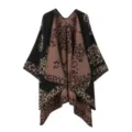 Women's winter warm imitation cashmere leopard print open front cape shawl poncho outerwear. - Robe / Black Khaki