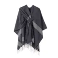 Damen großer Schal Umhang stylischer warmer Cardigan mit Fransen und Bindegürtel Detail. - Morgenmantel / Marineblau