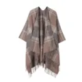 Gezellige ruitjes cape sjaal met franjes zoom, warme stijlvolle bovenkleding voor dames. - Khaki