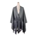 Detailed view of the women knitted striped shawl cape with matching belt, elegant gradient grey design. - Robe / Navy Blue