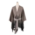 Women's striped knit cape poncho with belt and fringe detail, stylish outer wear for fall. - Robe / Black