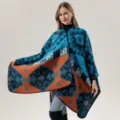 Cape châle en tricot ethnique à motif géométrique pour femmes, poncho d'hiver. - Motif losange ethnique - Bleu lac