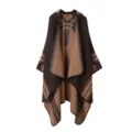 Close-up of the brown plaid hooded knitted cape, showing the split design and soft texture details. - Coffee