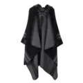 Women's knitted hooded cape shawl, stylish black and grey poncho for autumn and winter streetwear. - Black
