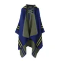 Detailed view of the blue and green knitted hooded cape, showcasing the unique stripe pattern. - Blue